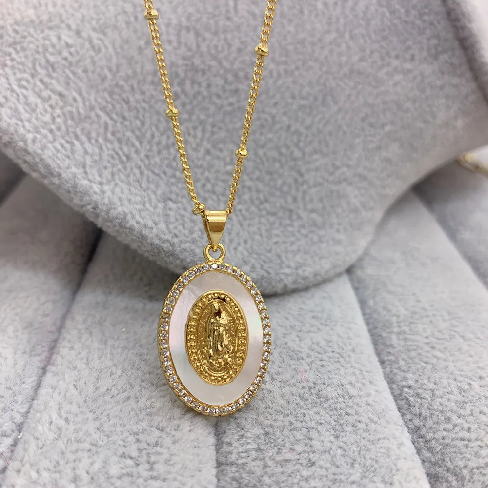 Ovale in metallo conchiglia di mare zircone vergine maria Guadalupe collana con ciondolo benedizione gioielli per le donne