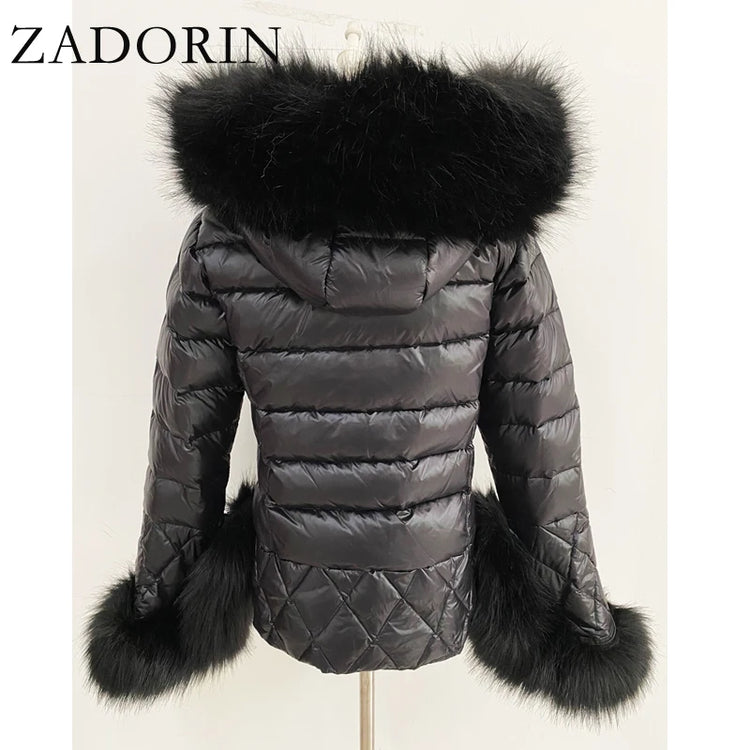 ZADORIN 2025 Trend White Duck Down Patchwork Faux Fur Jacket Women Winter Warm Big FAUX Raccoon Fur Hood Women Faux Fur Coat