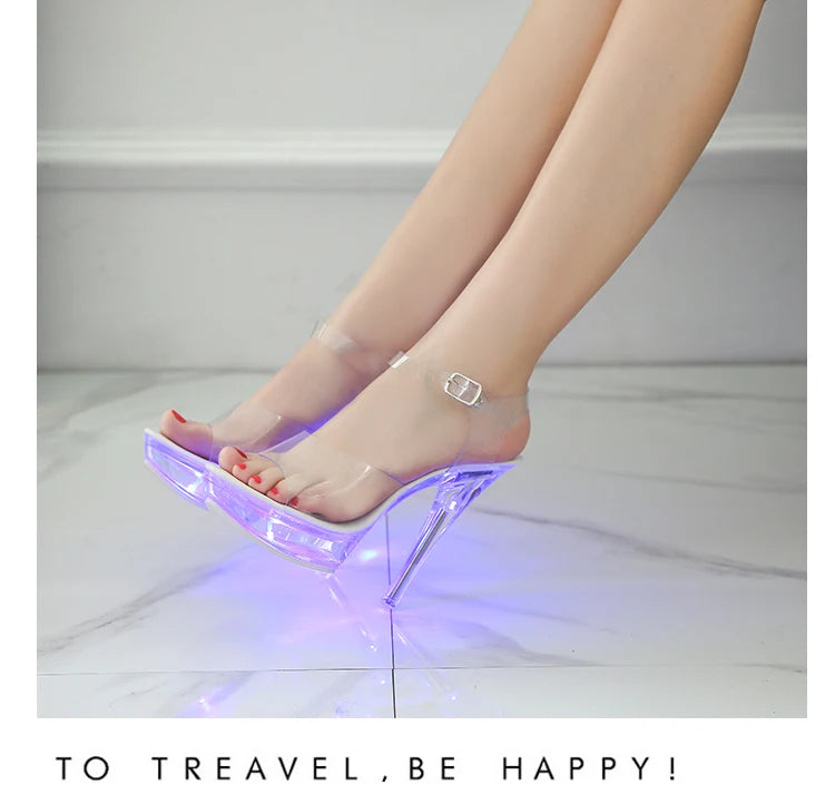 Light Up Glowing Shoes Woman Luminous Clear Sandals Women Platform Shoes LED 13cm High Heel Transparent Stripper Heels Shoes