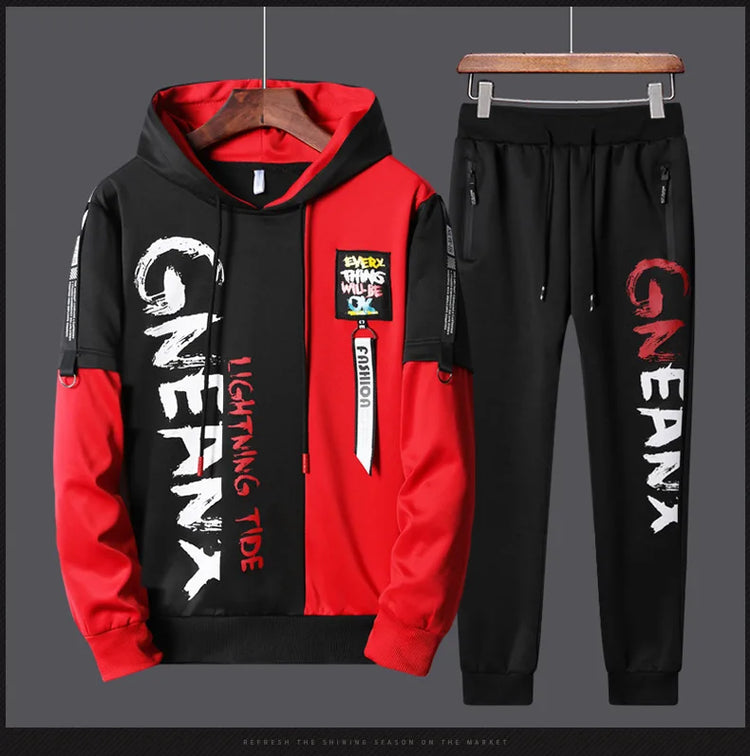 Men Tracksuit Sweat Suits Mens Patchwork 2 Piece Hoodie+Pants Set Hip Sweatpants Hop Fashion Streetwear Sports Clothing Set 4XL