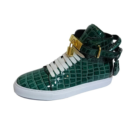 Luxury Designer Men Crocodile Pattern High Top Sneakers Glossy Patent Leather Gold Buckle Lace-up Casual Street Shoes Footwear