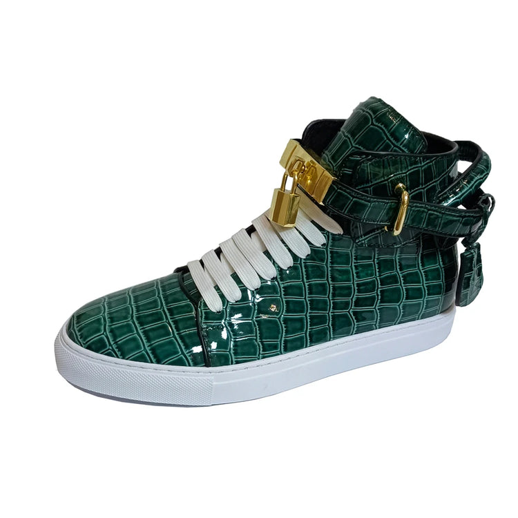 Luxury Designer Men Crocodile Pattern High Top Sneakers Glossy Patent Leather Gold Buckle Lace-up Casual Street Shoes Footwear