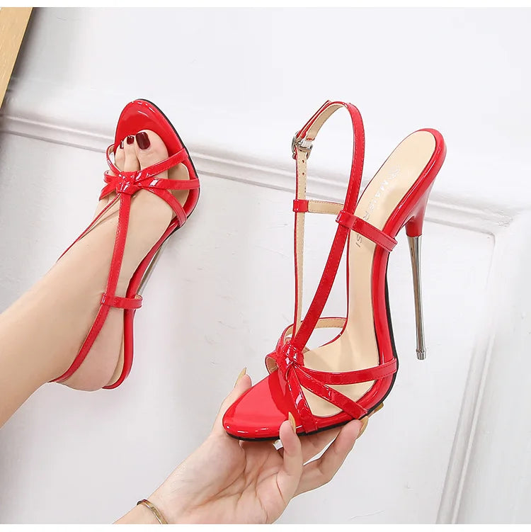 New 16CM Sexy Thin Strap Lady Sandals Large-Size Women Metal Stiletto Shoes Show Model Party Summer Ankle Back Strap High Heels