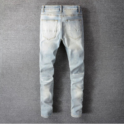 Men Crystal Holes Ripped Patchwork Jeans Streetwear Light Blue Denim Slim Skinny Pencil Pants Trousers PlatiNum