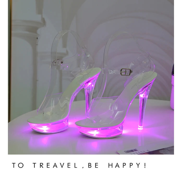 Light Up Glowing Shoes Woman Luminous Clear Sandals Women Platform Shoes LED 13cm High Heel Transparent Stripper Heels Shoes