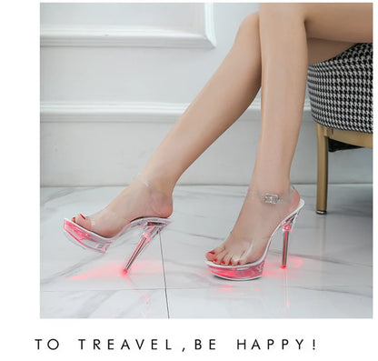 Light Up Glowing Shoes Woman Luminous Clear Sandals Women Platform Shoes LED 13cm High Heel Transparent Stripper Heels Shoes