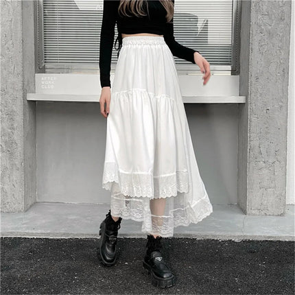 Y2k Gothic Tulle Pleated Skirt Black Lace Stitching Irregular Midi Skirt Women Vintage High Waist Long Skirt Korea Solid Hip Hop PlatiNum