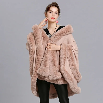 7 Colors Winter Shawl Warm Thick Cappa Coat Two Circle Faux Fox Fur Loose Poncho Cloak With Hat Women Big Pendulum Cardigan Cape