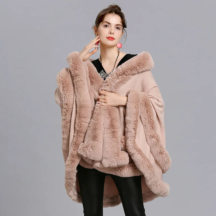 7 Colors Winter Shawl Warm Thick Cappa Coat Two Circle Faux Fox Fur Loose Poncho Cloak With Hat Women Big Pendulum Cardigan Cape
