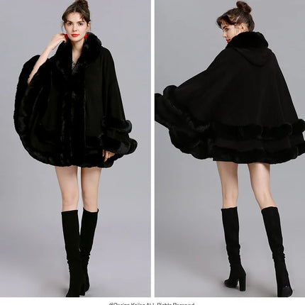 7 Colors Winter Shawl Warm Thick Cappa Coat Two Circle Faux Fox Fur Loose Poncho Cloak With Hat Women Big Pendulum Cardigan Cape