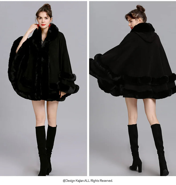 7 Colors Winter Shawl Warm Thick Cappa Coat Two Circle Faux Fox Fur Loose Poncho Cloak With Hat Women Big Pendulum Cardigan Cape