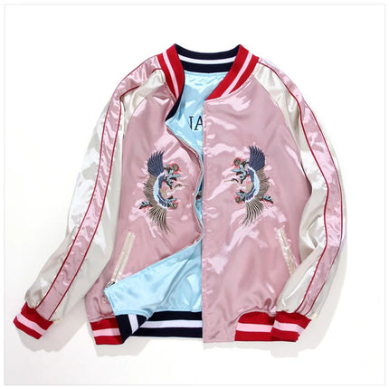 Double Sided Satin Baseball Jacket Women Sukajan Jacket Female Girls Embroidery Coat 2026 Spring Autumn Pink Z1A1