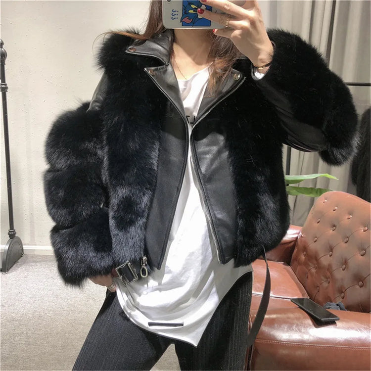 ZADORIN Top Fashion Luxury FAUX Fox Fur Coat Motorcycle PU Leather Turn Down Collar Warm Faux Fur Jacket Women Autumn Winter New