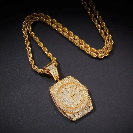 Exquisite Zircon Watch Shape Pendant Necklace Men and Women Trend Hip-Hop Rock Party Jewelry Gift Accessories PlatiNum