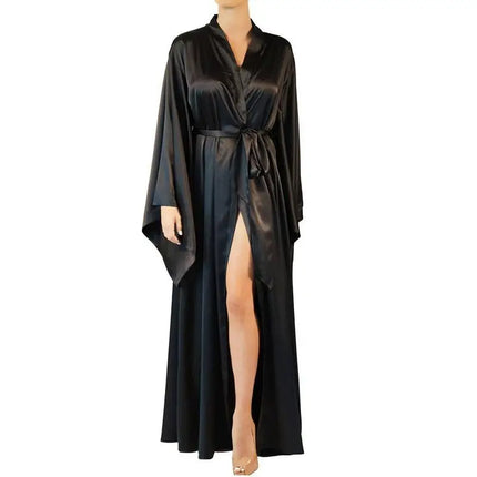 2019 nuovi abiti solidi donna nero rosso manica lunga camicia da notte signore ragazze raso di seta liscio primavera pizzo indumenti da notte accappatoio femminile