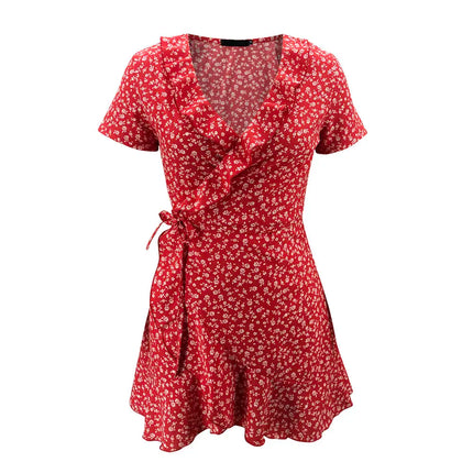 Women's Floal A-Line Summer Dress Sweet Elegant Floral Ruffle V-Neck Bandage Mini Dress for Women Chic Floral