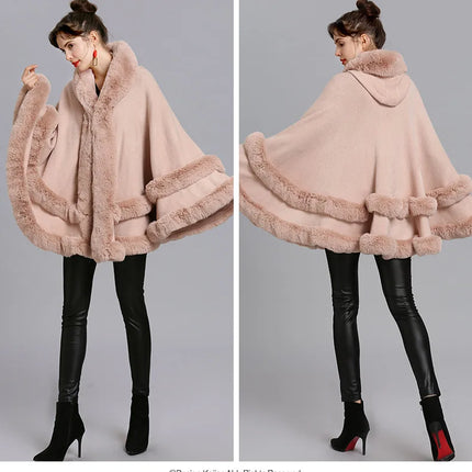 7 Colors Winter Shawl Warm Thick Cappa Coat Two Circle Faux Fox Fur Loose Poncho Cloak With Hat Women Big Pendulum Cardigan Cape
