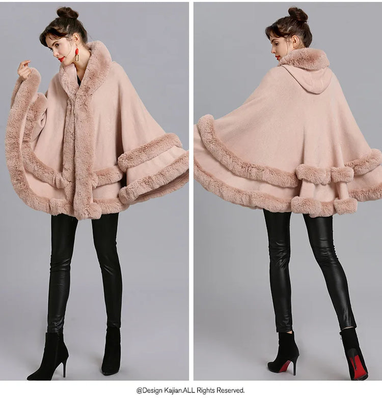 7 Colors Winter Shawl Warm Thick Cappa Coat Two Circle Faux Fox Fur Loose Poncho Cloak With Hat Women Big Pendulum Cardigan Cape