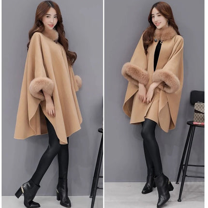Elegant Women Winter Coats Batwing Fluffy Sleeve Cape Jacket Lady Woolen Overcoat Cape Fox Fur Collar Warm Ponchos Feminino