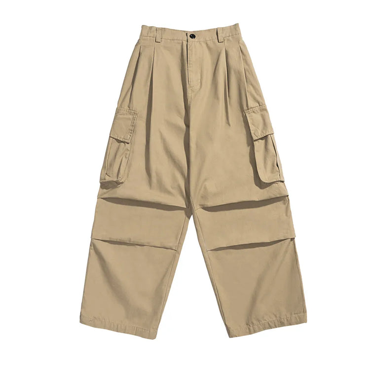 Multi-Pocket Cargo Pants Mens Safari Style Solid Color Pleated Loose Straight-leg Pants Elastic Waist Casual Trousers Men