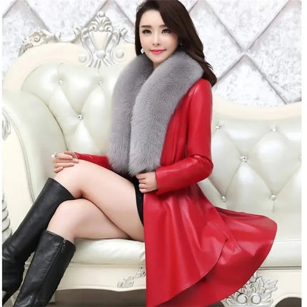 PU Leather Long Leather Jacket Women's Fur Collar Removable Coat Faux Leather Slim Female Temperament Leather Windbreaker Black