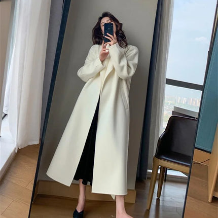 White Woolen Coat Women Autumn And Winter High-End Fashion Temperament Long Thick Blended Wool Windbreaker Female Jacket Belt 99