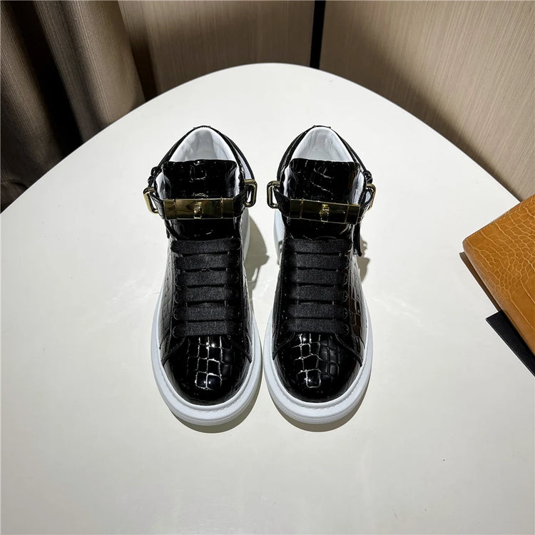2026 Mid-Top Sneakers Men Alligator Pattern Round Toe Lock Decoration Lace Flats Glossy Cow Leather Casual Shoes