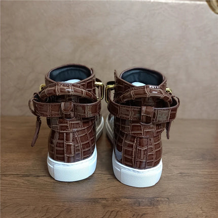 Luxury Designer Men Crocodile Pattern High Top Sneakers Glossy Patent Leather Gold Buckle Lace-up Casual Street Shoes Footwear