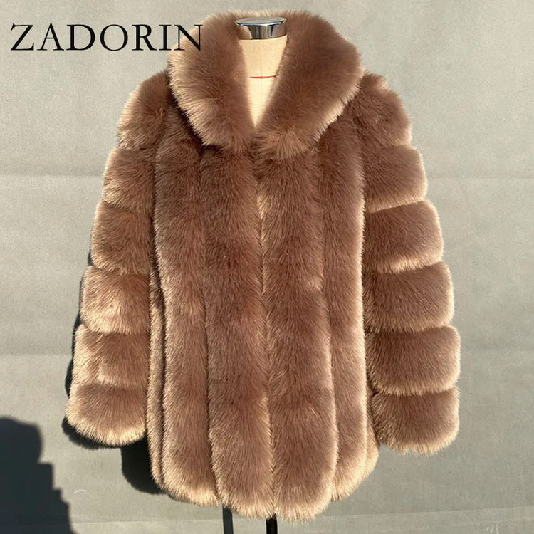 ZADORIN Elegant Turn Down Collar Faux Fox Fur Coat Women Long Thick Warm Fluffy Faux Fur Jacket Winter Fur Coats Manteau Femme