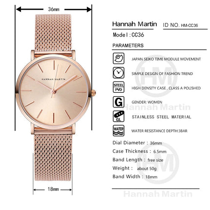 HANNAH MARTIN Movimento al quarzo giapponese in acciaio inossidabile di qualità del marchio Orologio Dropshipping da donna impermeabile da 36 mm in oro rosa completo platinumshop