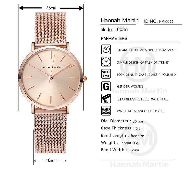 HANNAH MARTIN Movimento al quarzo giapponese in acciaio inossidabile di qualità del marchio Orologio Dropshipping da donna impermeabile da 36 mm in oro rosa completo platinumshop