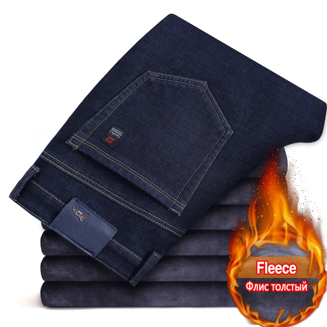 2024 Winter New Men's Warm Slim Fit Jeans Business Fashion Thicken Denim Trousers Fleece Stretch Brand Pants Black Blue