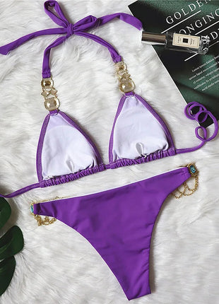 Catene di metallo con scollo all'americana Strass Diamante Bikini Costume da bagno donna Costumi da bagno femminili Due pezzi Bikini set Costume da bagno brasiliano Swim platinumshop