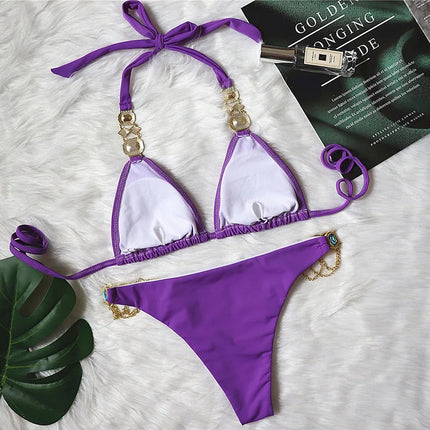 Catene di metallo con scollo all'americana Strass Diamante Bikini Costume da bagno donna Costumi da bagno femminili Due pezzi Bikini set Costume da bagno brasiliano Swim platinumshop