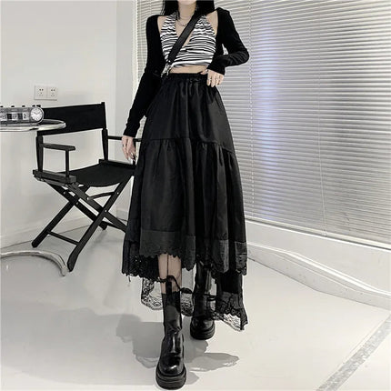 Y2k Gothic Tulle Pleated Skirt Black Lace Stitching Irregular Midi Skirt Women Vintage High Waist Long Skirt Korea Solid Hip Hop PlatiNum