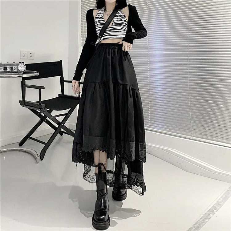 Y2k Gothic Tulle Pleated Skirt Black Lace Stitching Irregular Midi Skirt Women Vintage High Waist Long Skirt Korea Solid Hip Hop PlatiNum