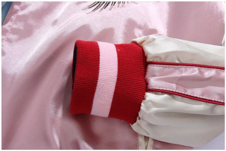 Double Sided Satin Baseball Jacket Women Sukajan Jacket Female Girls Embroidery Coat 2026 Spring Autumn Pink Z1A1