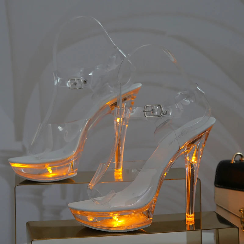 Light Up Glowing Shoes Woman Luminous Clear Sandals Women Platform Shoes LED 13cm High Heel Transparent Stripper Heels Shoes