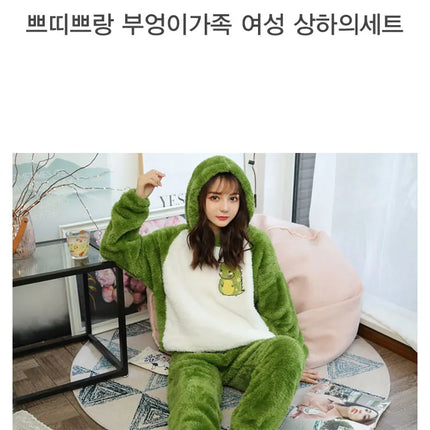 Jielur Warm Women Pajama Sets Winter Lady Long Sleeve Shirt+Pants Home suit Hooded Cartoon Print Thick Pijama Feminino