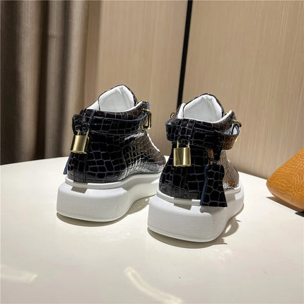 2026 Mid-Top Sneakers Men Alligator Pattern Round Toe Lock Decoration Lace Flats Glossy Cow Leather Casual Shoes