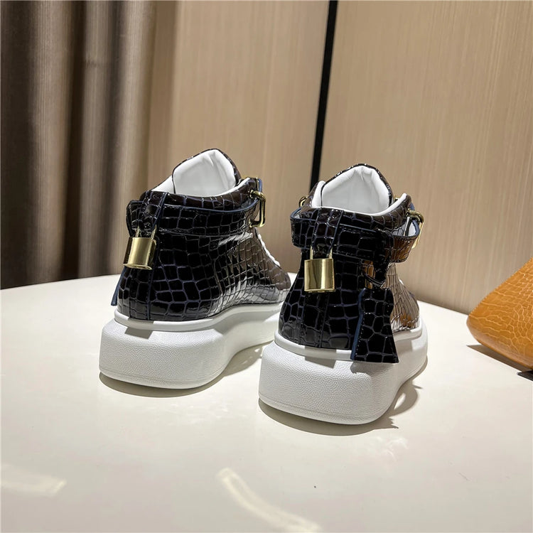 2026 Mid-Top Sneakers Men Alligator Pattern Round Toe Lock Decoration Lace Flats Glossy Cow Leather Casual Shoes