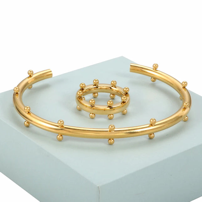 Set di gioielli di lusso Bracciale rigido in acciaio inossidabile Anello da dito Orecchini a cerchio con mini sfere per regali di gioielli di moda da donna platinumshop