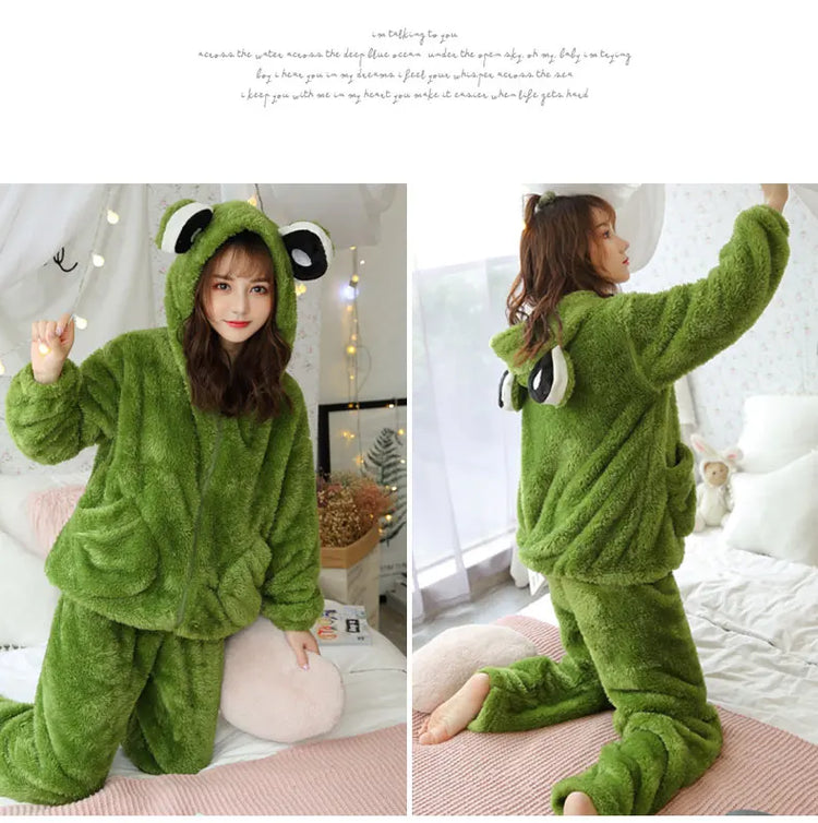 Jielur Warm Women Pajama Sets Winter Lady Long Sleeve Shirt+Pants Home suit Hooded Cartoon Print Thick Pijama Feminino
