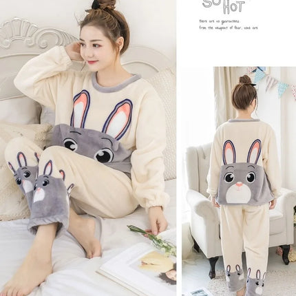 New 2025 Autumn Winter Warm Flannel Women Pijama Sets Thick Coral Velvet Long Sleeve Cute Sleepwear Set Thin Flannel Pajamas Set