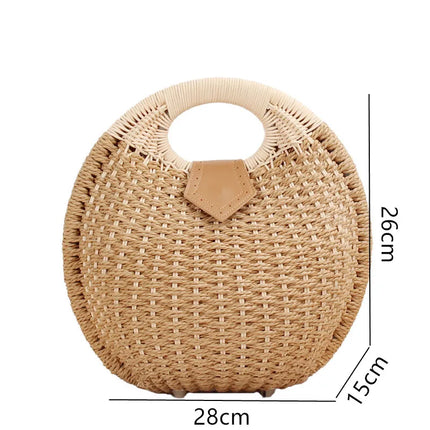 Women's Handmade Round Woven Natural Rattan Handbag Shoulder Bag Summer Beach Bag with Casual Bohemia Women's Clutch