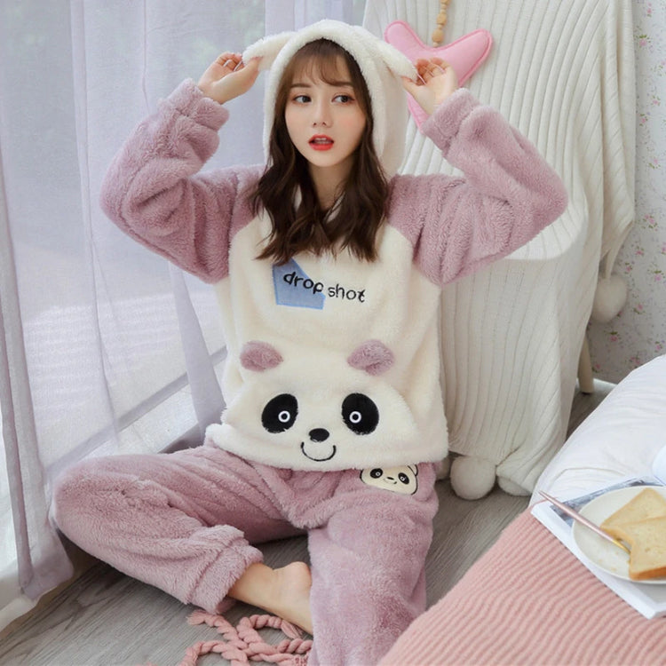 Cute Pajamas Set 2 Pieces Women Sleepwear Warm Winter Thick Coral Fleece Hooded Cartoon Girls Homewear Animal Pajamas Nighties