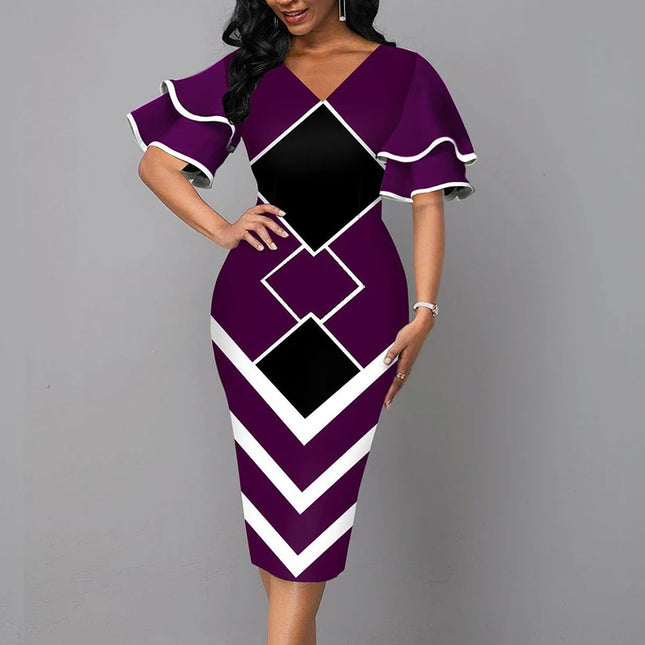 Women's Elegant Dress 2021 Summer Fashion V-Neck Short Sleeve Patchwork Vintage Sexy Slim Dress