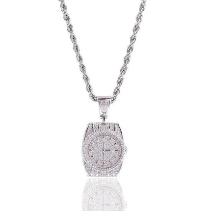 Exquisite Zircon Watch Shape Pendant Necklace Men and Women Trend Hip-Hop Rock Party Jewelry Gift Accessories PlatiNum
