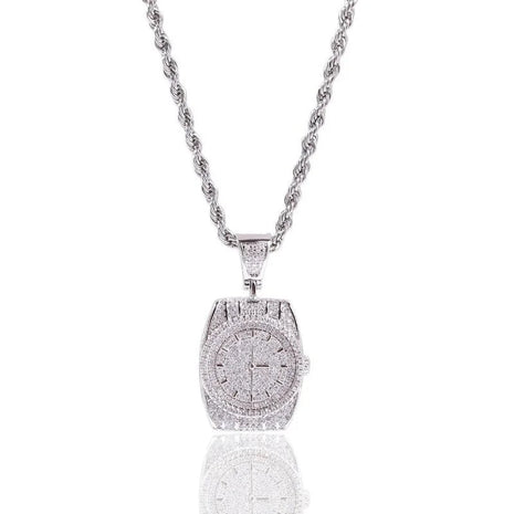 Exquisite Zircon Watch Shape Pendant Necklace Men and Women Trend Hip-Hop Rock Party Jewelry Gift Accessories PlatiNum