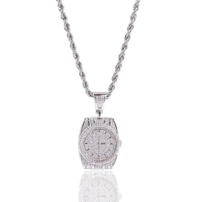 Exquisite Zircon Watch Shape Pendant Necklace Men and Women Trend Hip-Hop Rock Party Jewelry Gift Accessories PlatiNum